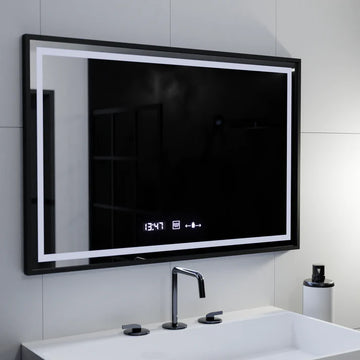 Oglinda LED Senzor Noemy Sistem Dezaburire Ceas Temperatura Rama Neagra 120x80 Cm