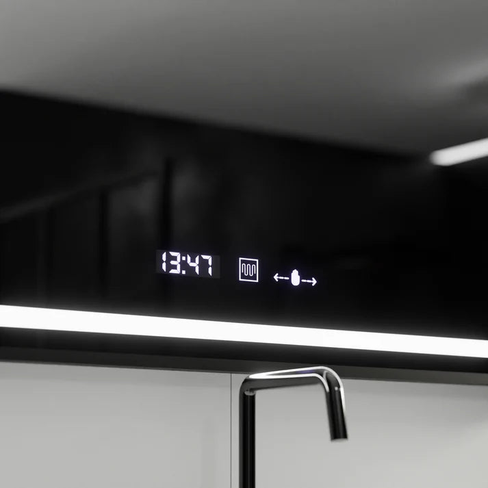 Oglinda LED Senzor Noemy Sistem Dezaburire Ceas Temperatura Rama Neagra 120x80 Cm
