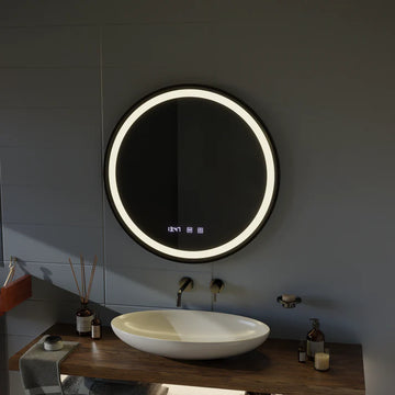 Oglinda LED Touch Sonora Sistem Dezaburire Rama Neagra, Ceas si Temperatura, 60x60 Cm